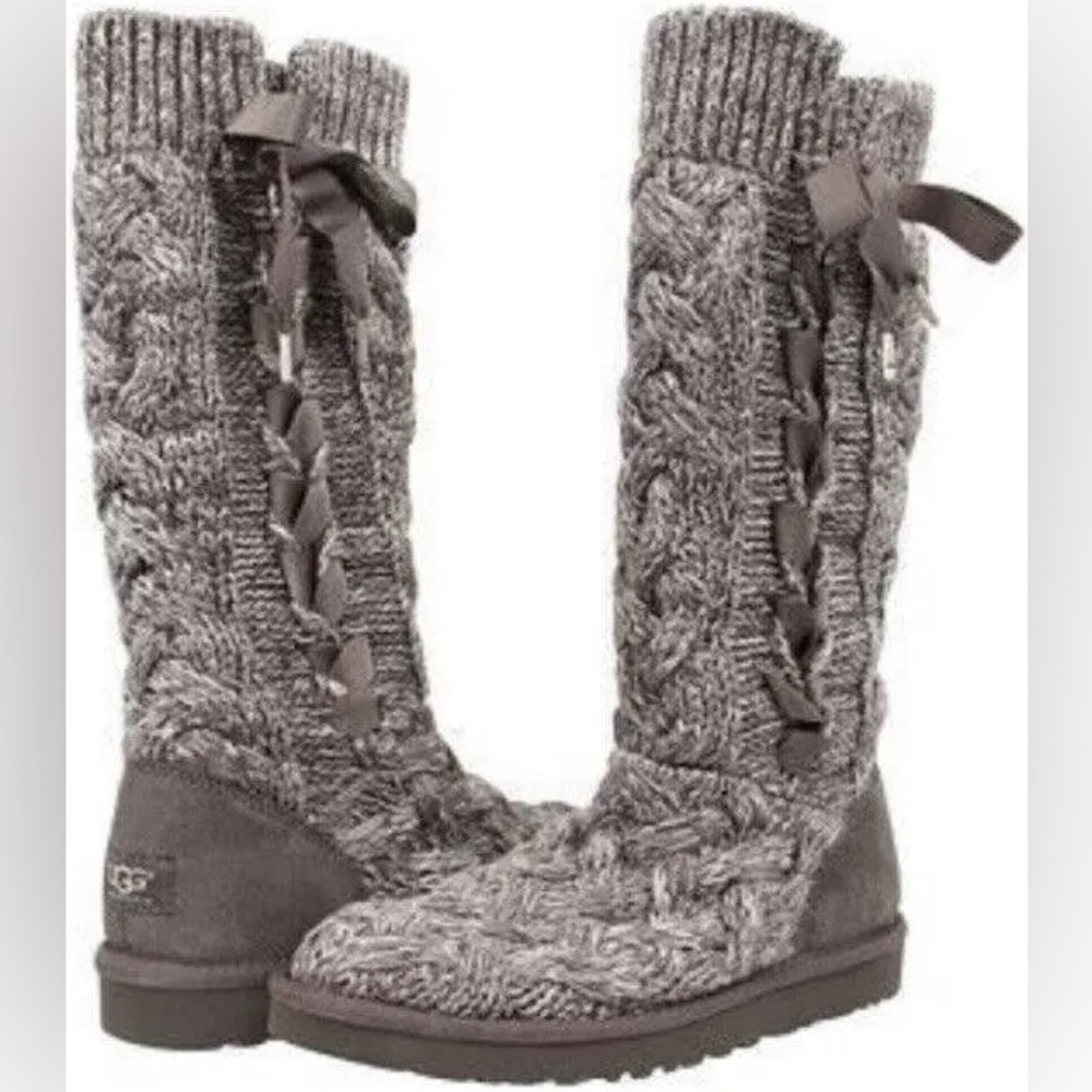 UGG Mahalya Ribbon Tie Heathered Gray Knit Boots